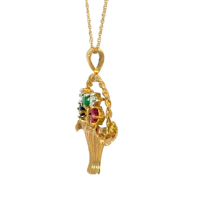 14K Yellow Gold Gemstone & Diamond Basket Pendant