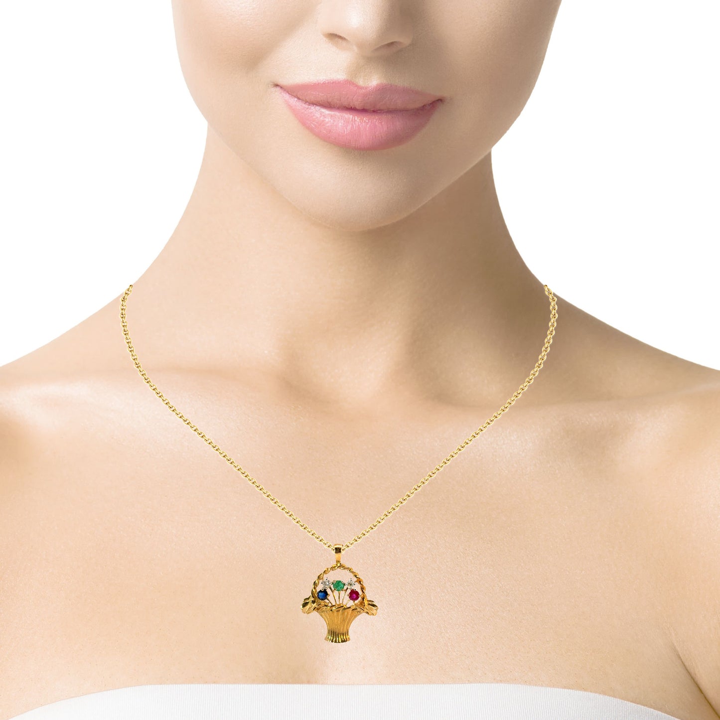 14K Yellow Gold Gemstone & Diamond Basket Pendant