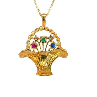 14K Yellow Gold Gemstone & Diamond Basket Pendant