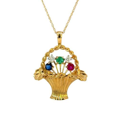 14K Yellow Gold Gemstone & Diamond Basket Pendant