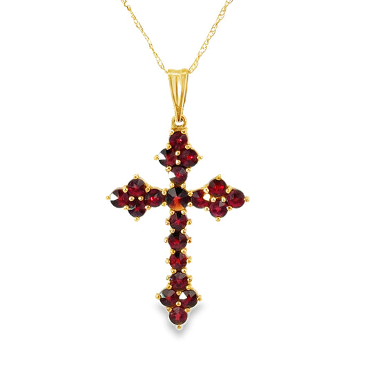 14K Yellow Gold Garnet Cross Pendant – Elegant Deep Red Gemstones