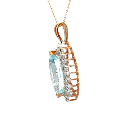 Yellow Gold Marquise-Cut Aquamarine & Diamond Halo Pendant