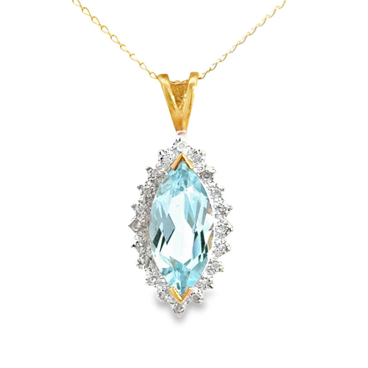 Yellow Gold Marquise-Cut Aquamarine & Diamond Halo Pendant