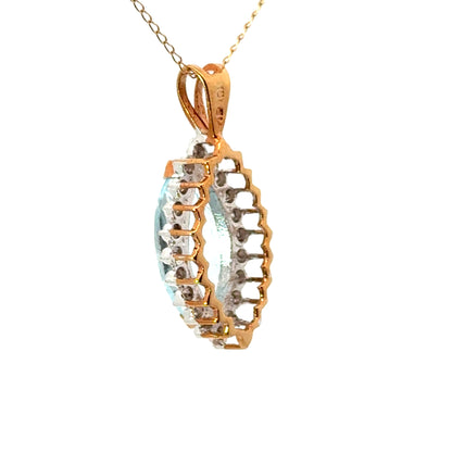Yellow Gold Marquise-Cut Aquamarine & Diamond Halo Pendant