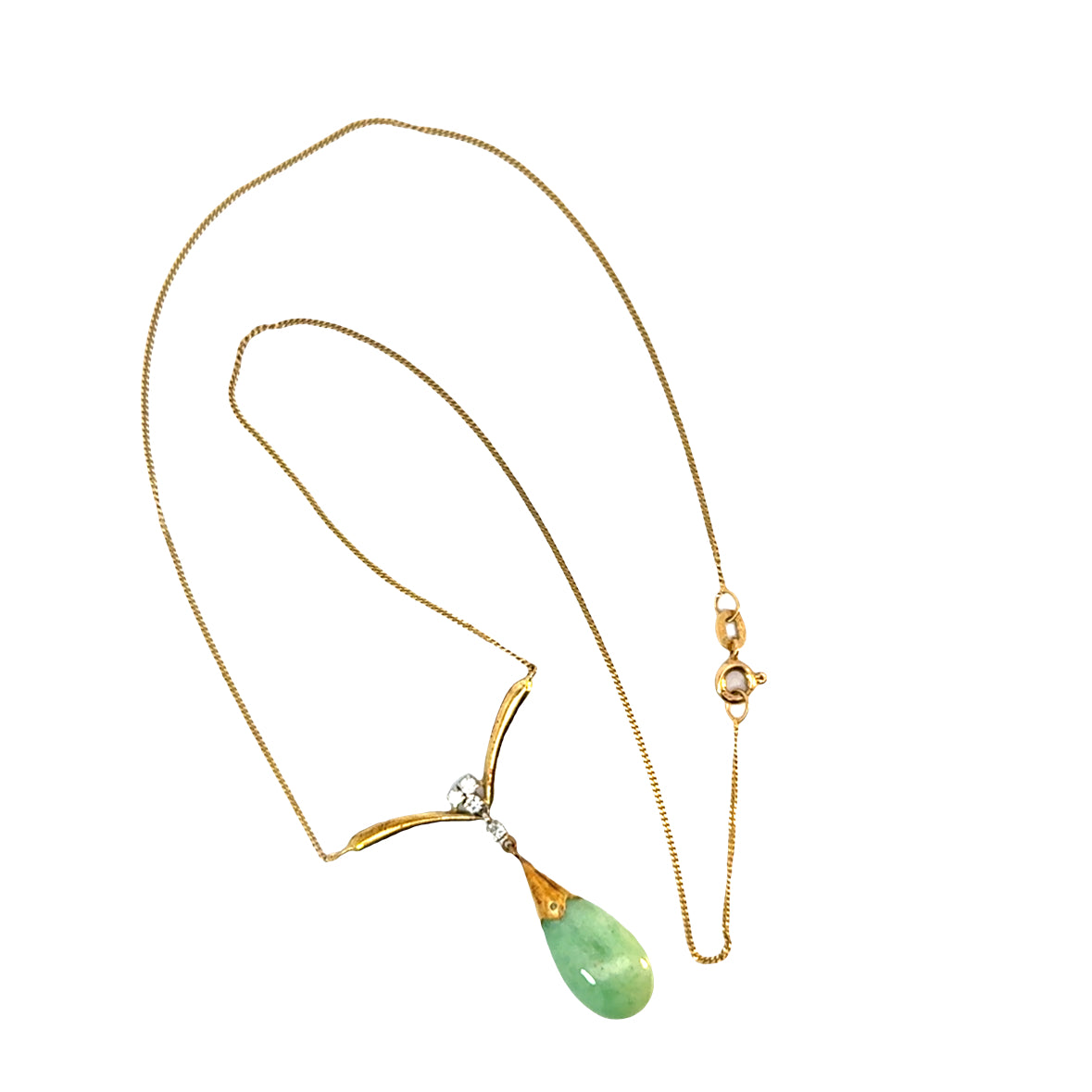 14K Yellow Gold Jade & Diamond Teardrop Pendant Necklace