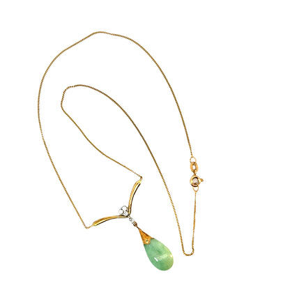 14K Yellow Gold Jade & Diamond Teardrop Pendant Necklace