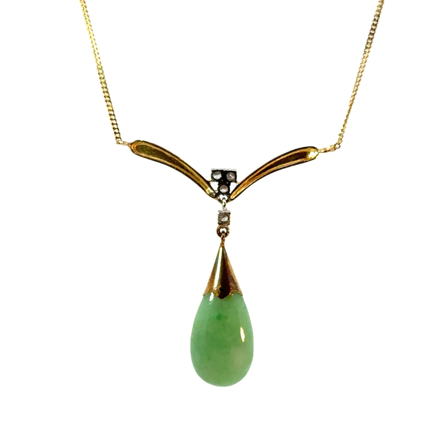 14K Yellow Gold Jade & Diamond Teardrop Pendant Necklace
