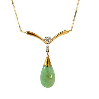 14K Yellow Gold Jade & Diamond Teardrop Pendant Necklace