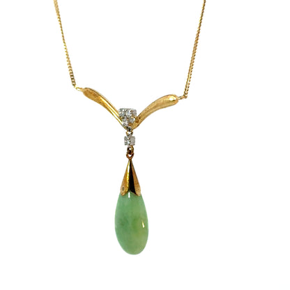14K Yellow Gold Jade & Diamond Teardrop Pendant Necklace