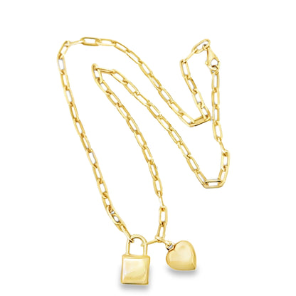 14K Yellow Gold Lock & Heart Pendant Necklace with Paperclip Link Chain