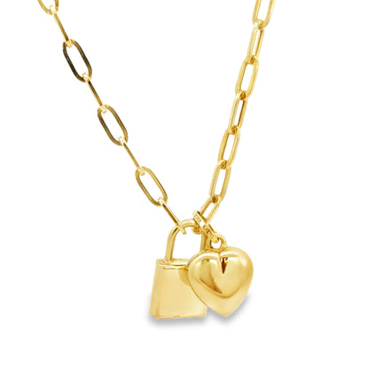 14K Yellow Gold Lock & Heart Pendant Necklace with Paperclip Link Chain