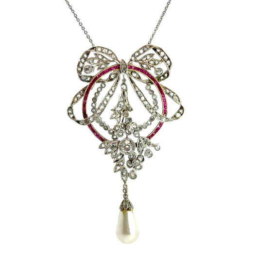 Antique Edwardian 14K Gold Diamond, Ruby & Pearl Bow Necklace