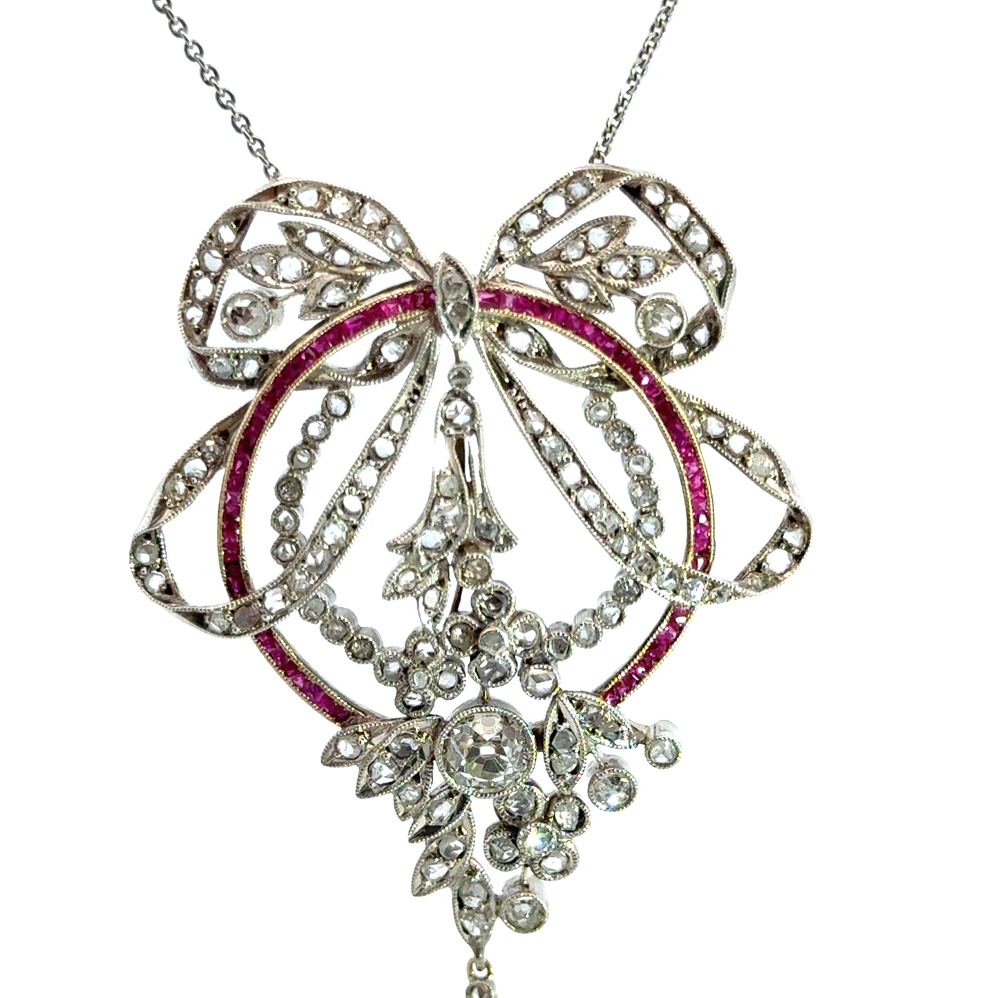 Antique Edwardian 14K Gold Diamond, Ruby & Pearl Bow Necklace