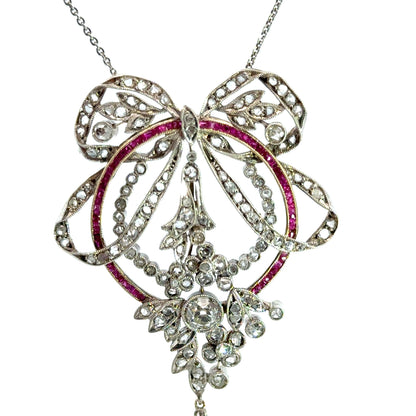 Antique Edwardian 14K Gold Diamond, Ruby & Pearl Bow Necklace