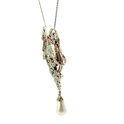 Antique Edwardian 14K Gold Diamond, Ruby & Pearl Bow Necklace