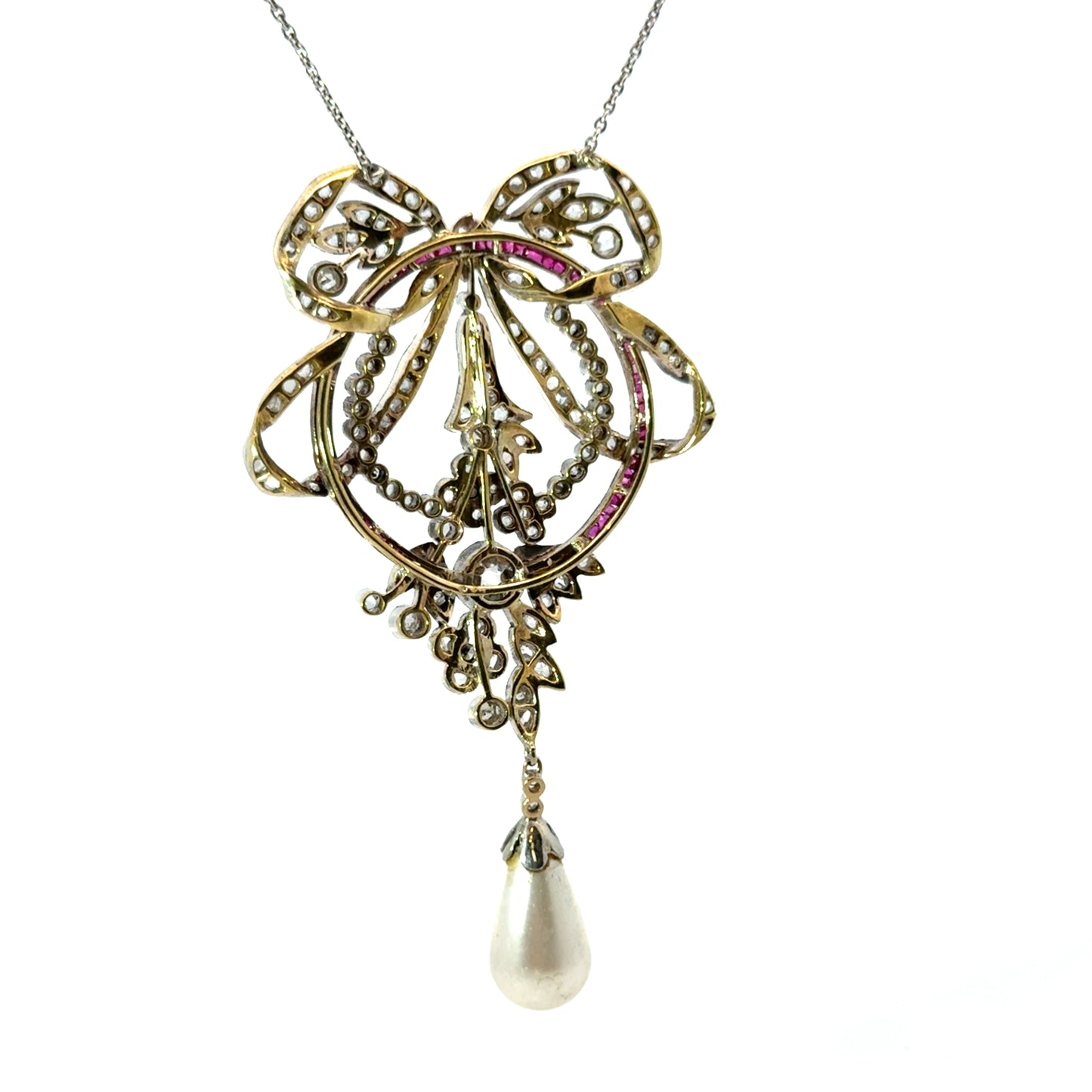 Antique Edwardian 14K Gold Diamond, Ruby & Pearl Bow Necklace