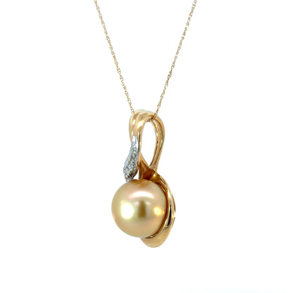 14K Yellow Gold Golden Pearl Pendant with Diamond Swirl