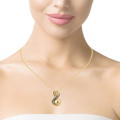 14K Yellow Gold Golden Pearl Pendant with Diamond Swirl
