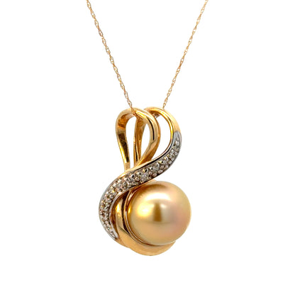 14K Yellow Gold Golden Pearl Pendant with Diamond Swirl
