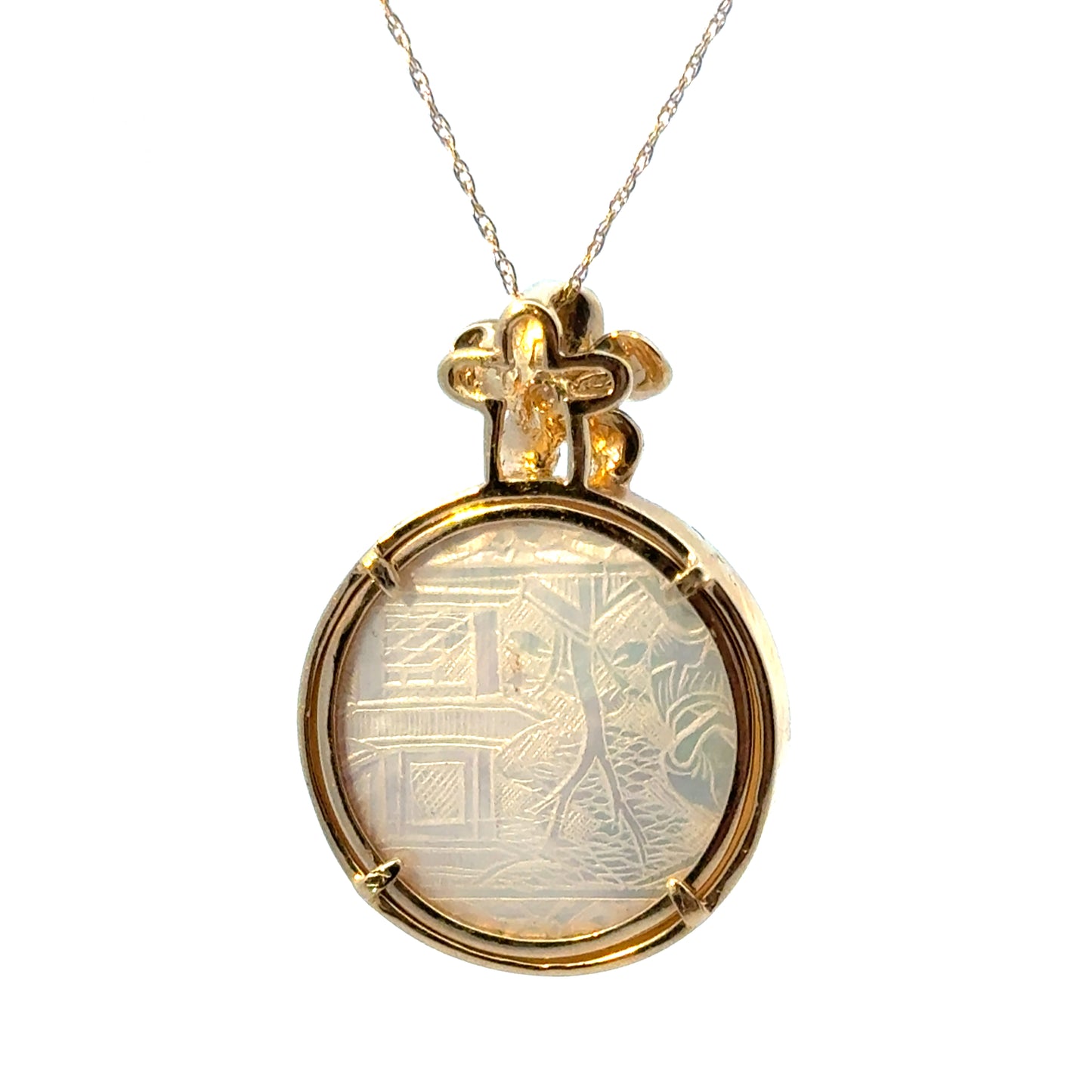 14K Yellow Gold Mother of Pearl Pendant with Floral Diamond Accent