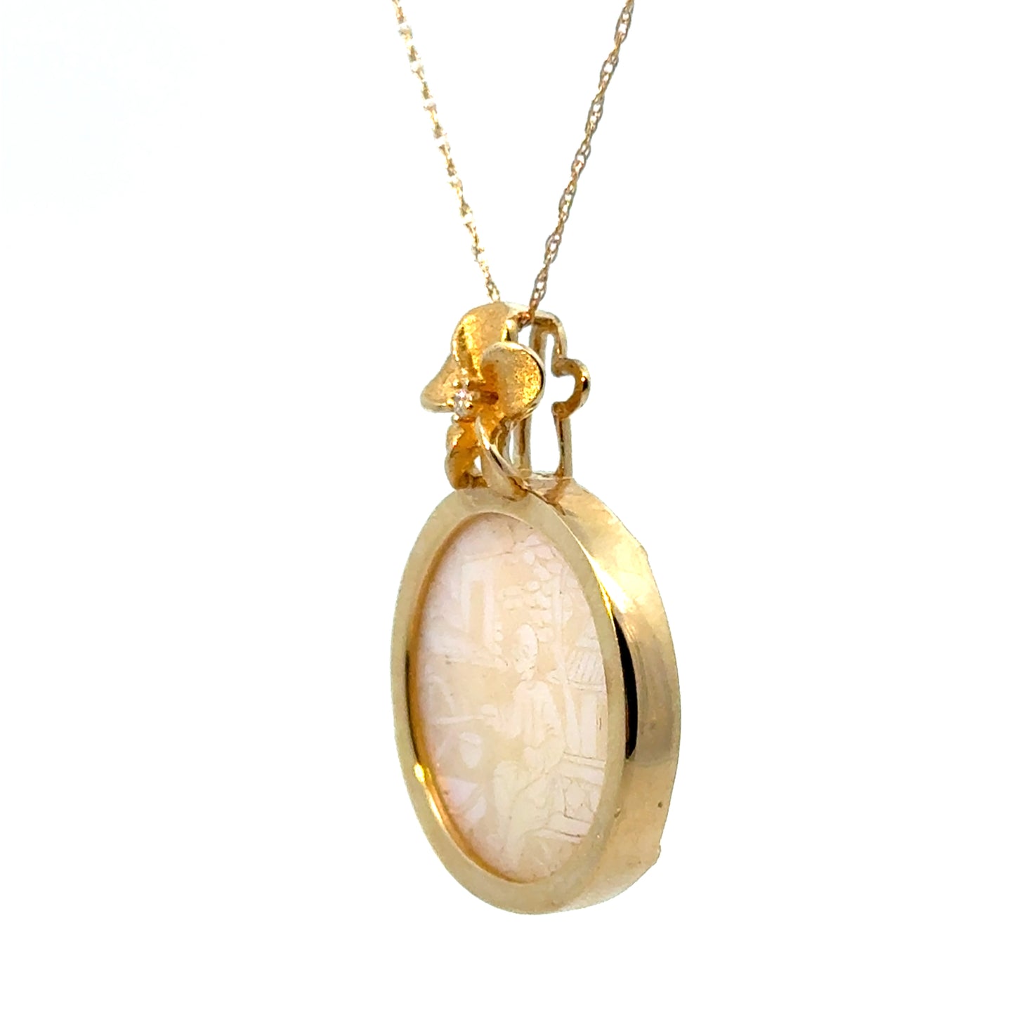 14K Yellow Gold Mother of Pearl Pendant with Floral Diamond Accent