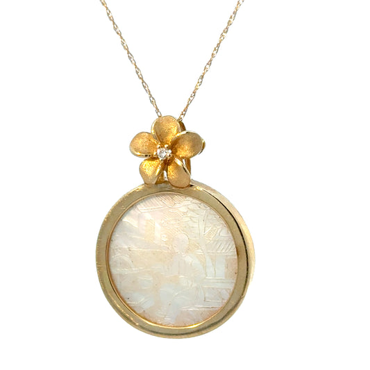 14K Yellow Gold Mother of Pearl Pendant with Floral Diamond Accent