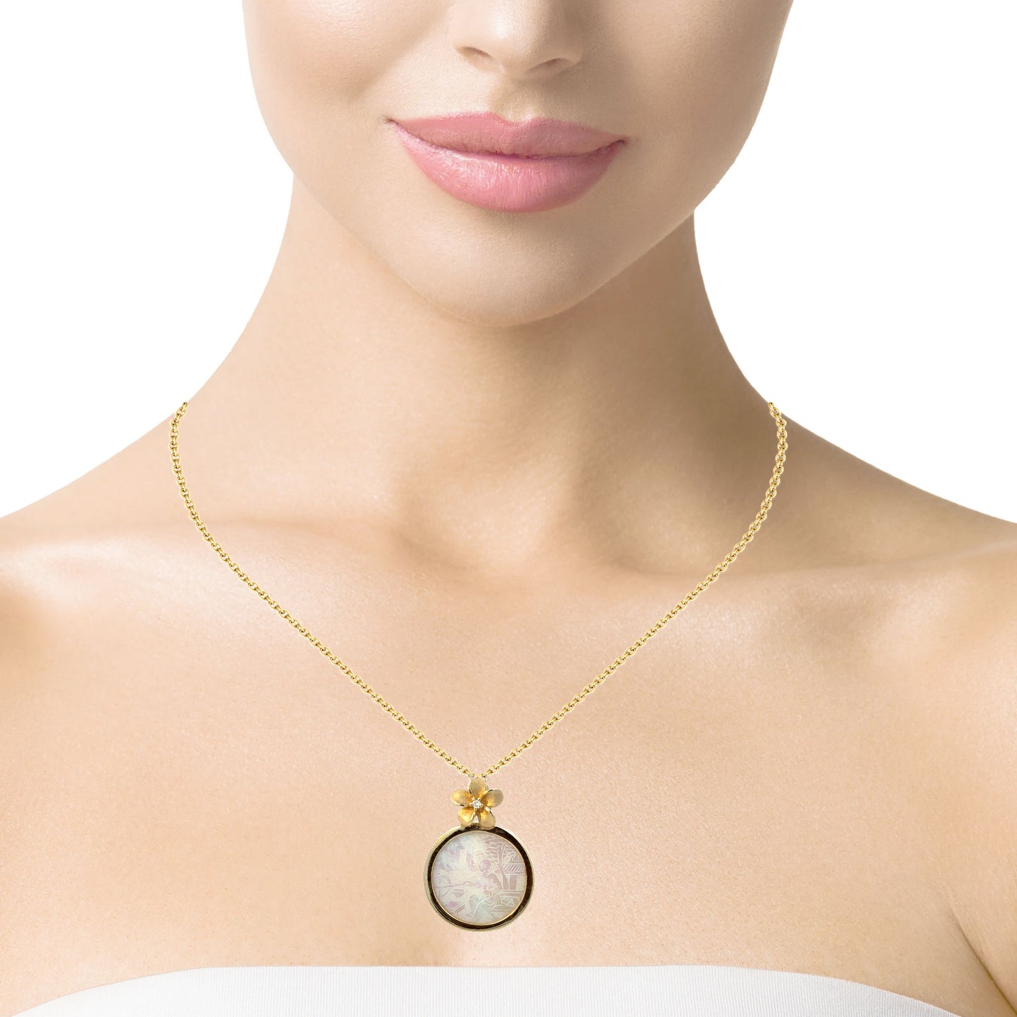 14K Yellow Gold Mother of Pearl Pendant with Floral Diamond Accent