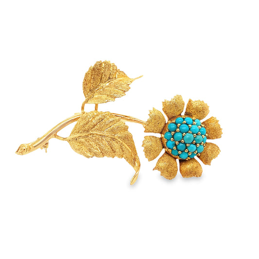 Vintage 18K Gold and Turquoise Flower Brooch