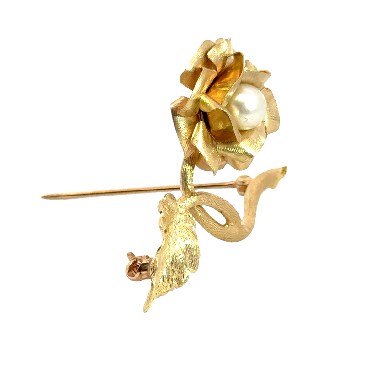 14K Yellow Gold & Pearl Rose Brooch