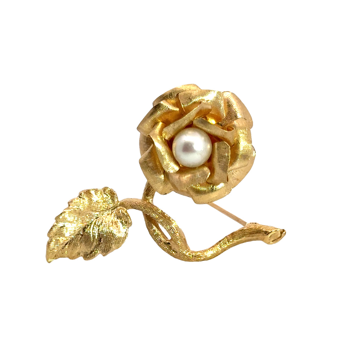 14K Yellow Gold & Pearl Rose Brooch