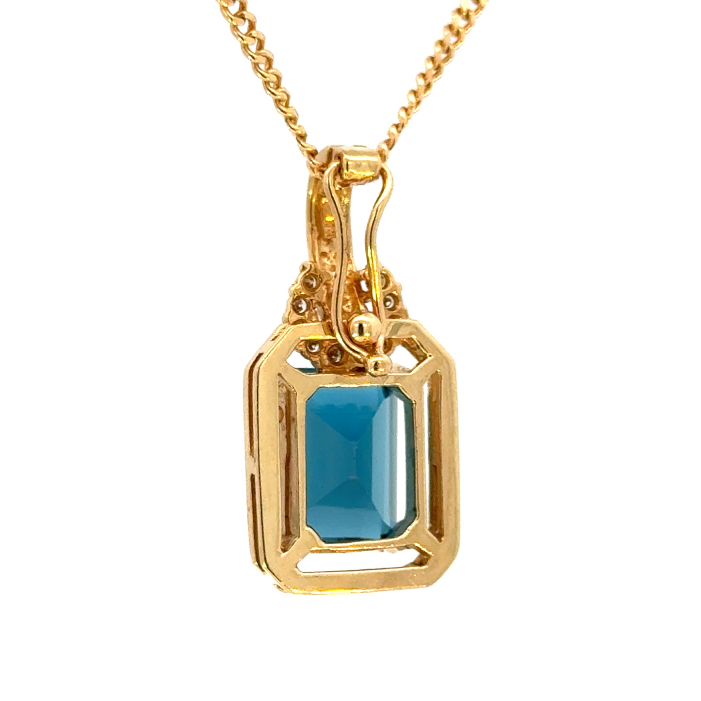 14K Yellow Gold Emerald Cut Blue Topaz & Diamond Enhancer Pendant