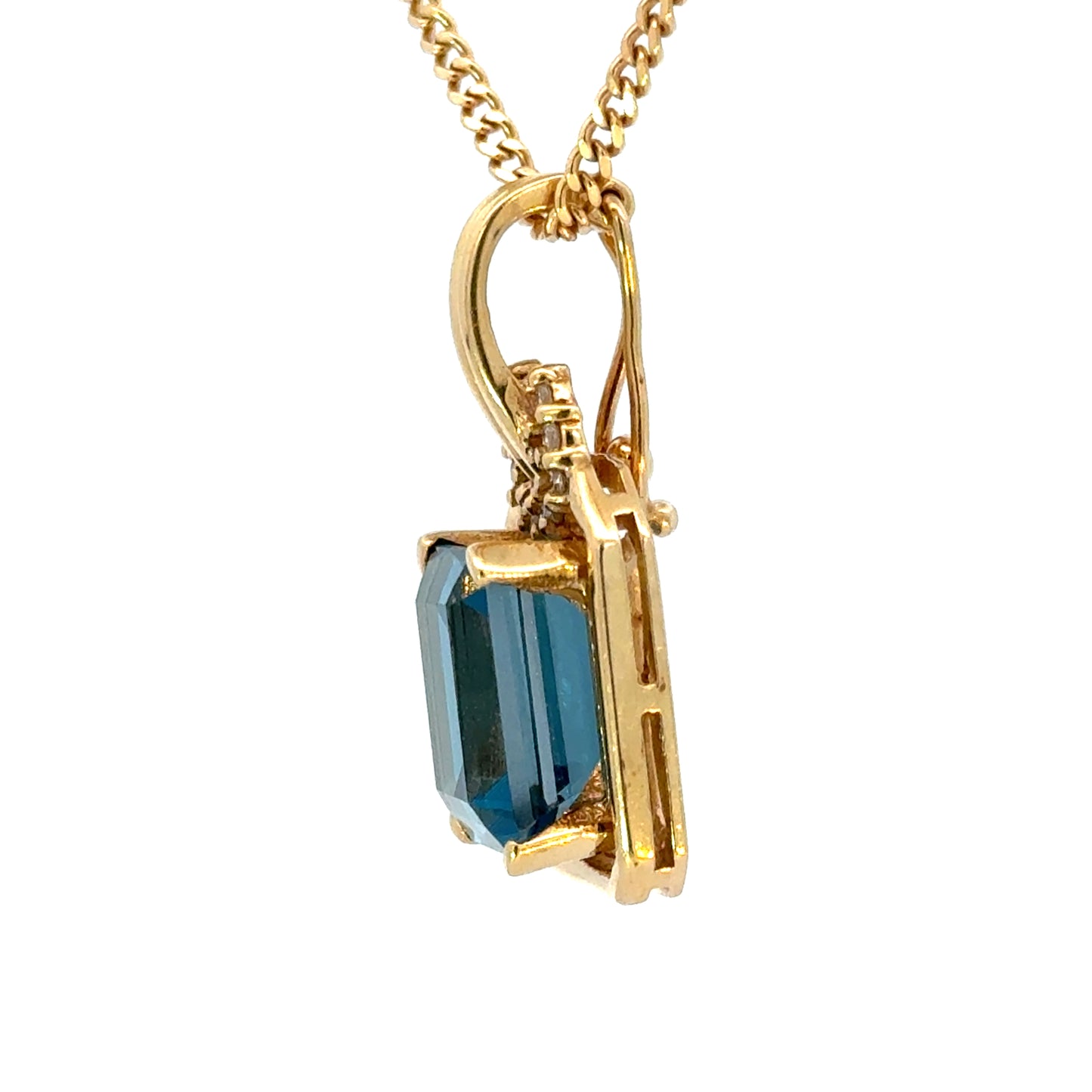 14K Yellow Gold Emerald Cut Blue Topaz & Diamond Enhancer Pendant