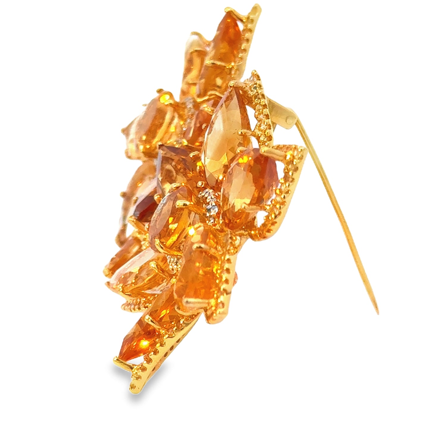 18K Yellow Gold Large Citrine & Diamond Floral Brooch/Pendant