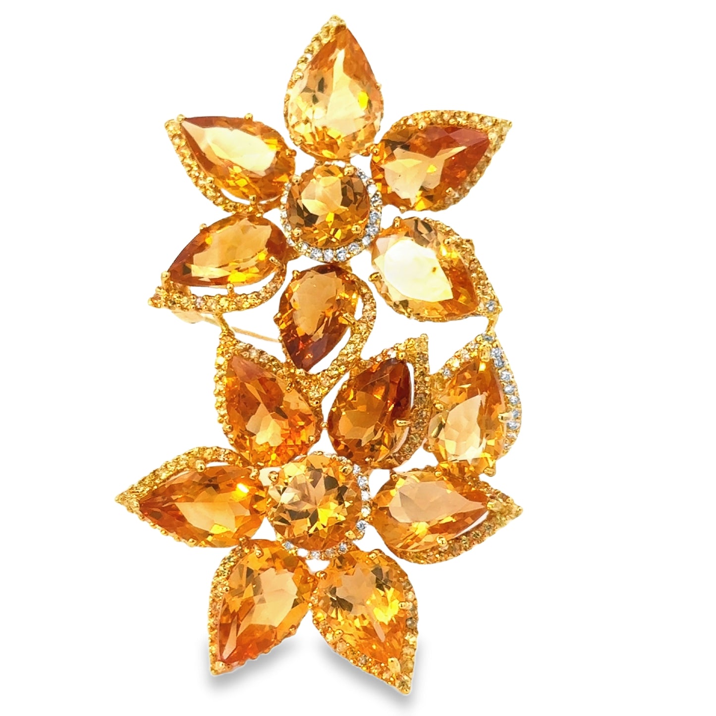 18K Yellow Gold Large Citrine & Diamond Floral Brooch/Pendant