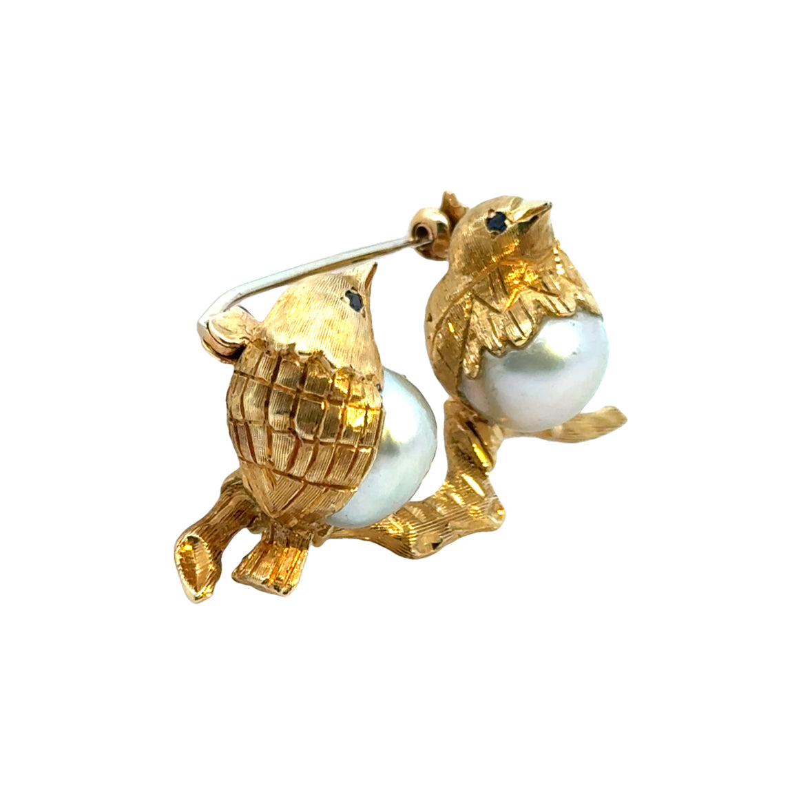 18K Yellow Gold Pearl & Sapphire Birds Pearched On a Branch Brooch