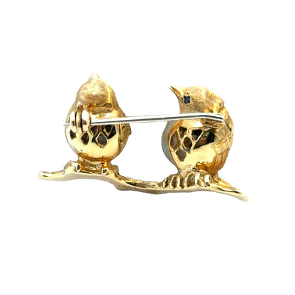 18K Yellow Gold Pearl & Sapphire Birds Pearched On a Branch Brooch