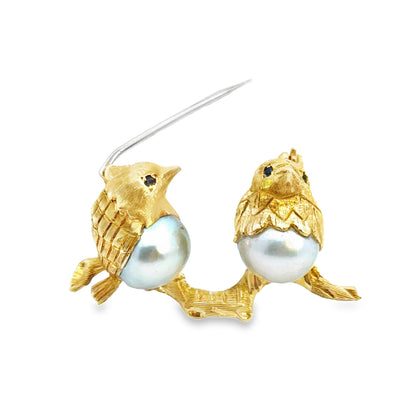 18K Yellow Gold Pearl & Sapphire Birds Pearched On a Branch Brooch