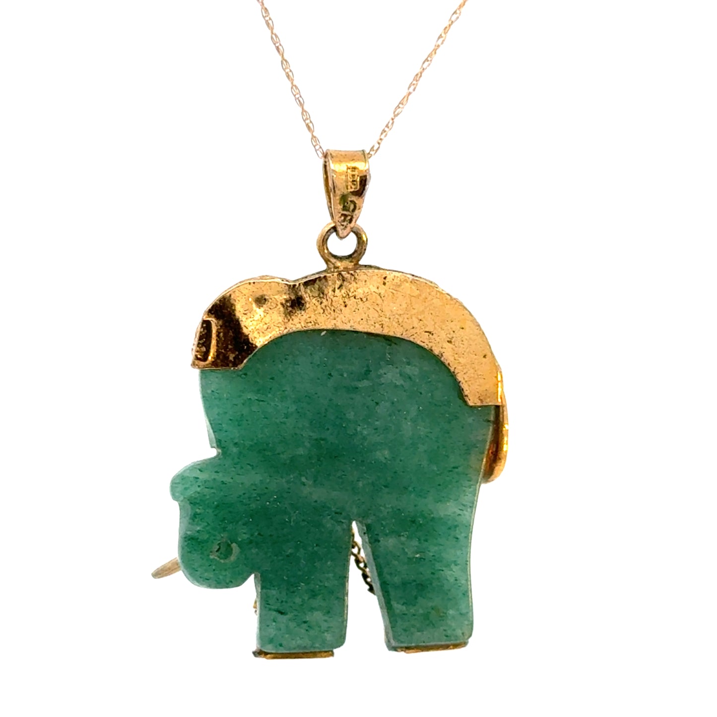 18K Yellow Gold Dark Green Jade Elephant Pendant with Ruby Eye
