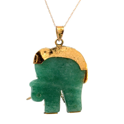 18K Yellow Gold Dark Green Jade Elephant Pendant with Ruby Eye