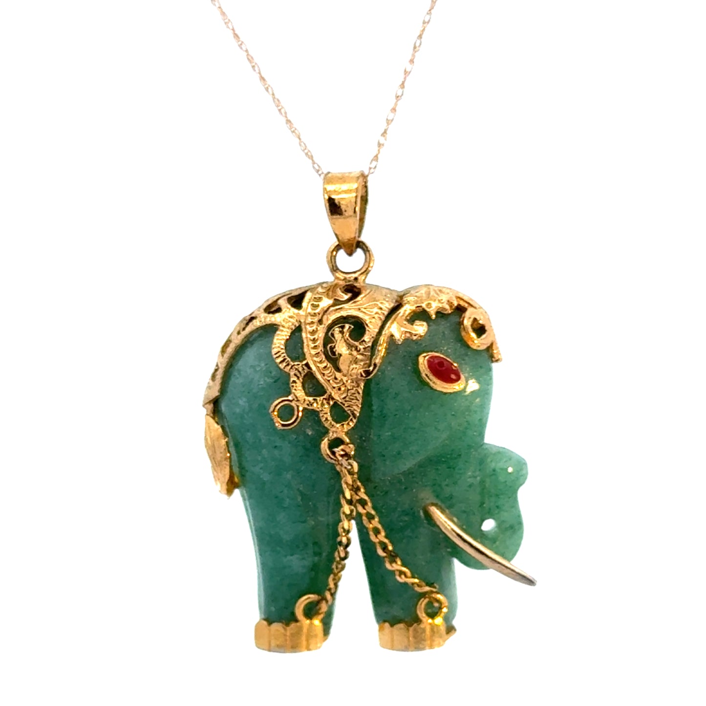 18K Yellow Gold Dark Green Jade Elephant Pendant with Ruby Eye