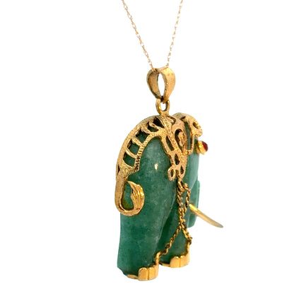 18K Yellow Gold Dark Green Jade Elephant Pendant with Ruby Eye
