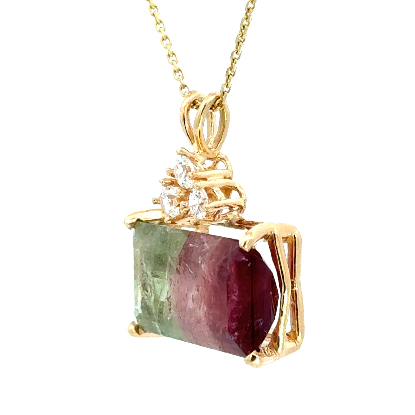 14K Gold Natural Bi-Color Tourmaline Pendant with Diamond Accent
