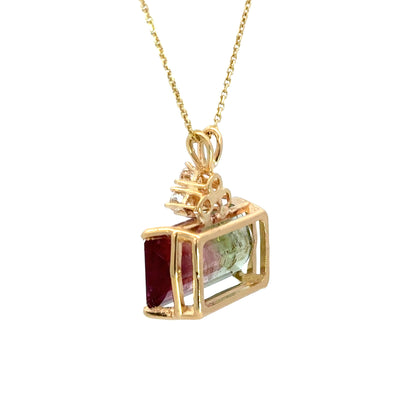 14K Gold Natural Bi-Color Tourmaline Pendant with Diamond Accent