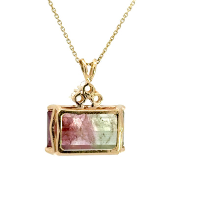 14K Gold Natural Bi-Color Tourmaline Pendant with Diamond Accent