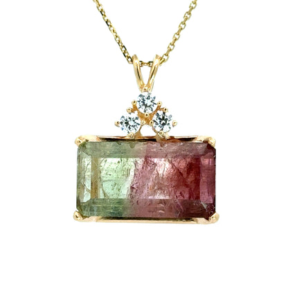 14K Gold Natural Bi-Color Tourmaline Pendant with Diamond Accent