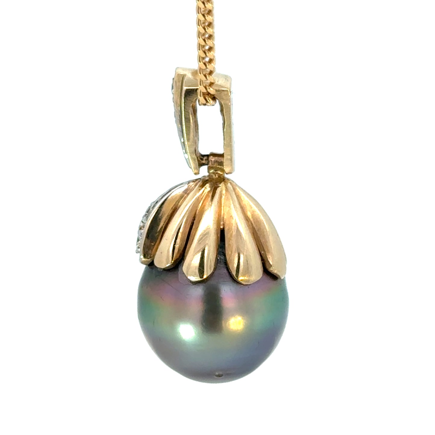 Large Tahitian Pearl Pendant 14K Yellow & White Gold Diamond Accent