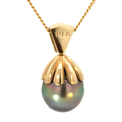 Large Tahitian Pearl Pendant 14K Yellow & White Gold Diamond Accent