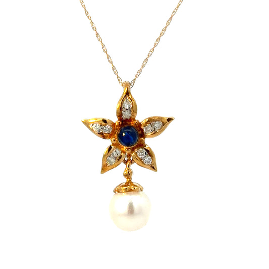 14K Gold Sapphire & Diamond Flower Pendant with Pearl Drop