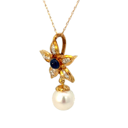 14K Gold Sapphire & Diamond Flower Pendant with Pearl Drop