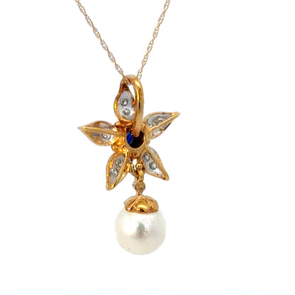 14K Gold Sapphire & Diamond Flower Pendant with Pearl Drop